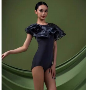 Black ruffles latin ballroom dance jumpsuits for women girls waltz tango modern paso double foxtrot smooth dance leotard catsuits